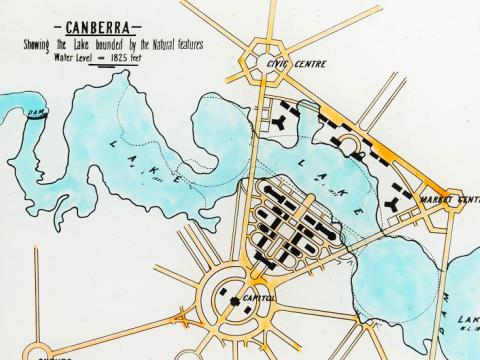 Glass slide showing a plan of what the lake would look like if it were built following the natural contours of the land.