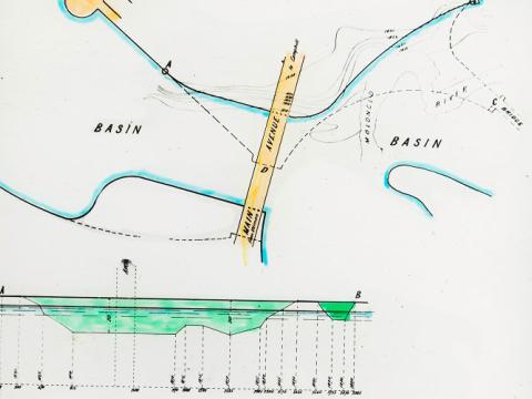 Glass slide showing a plan and two section drawings of the main avenue bridge crossing over the Central and Western Basins and the depth of lake under the bridge.