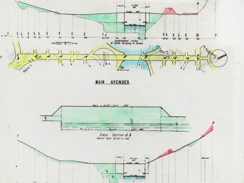 Glass slide showing two plans, two longitudinal sections and a cross section of the main avenues, now known as Commonwealth Avenue and Kings Avenue.
