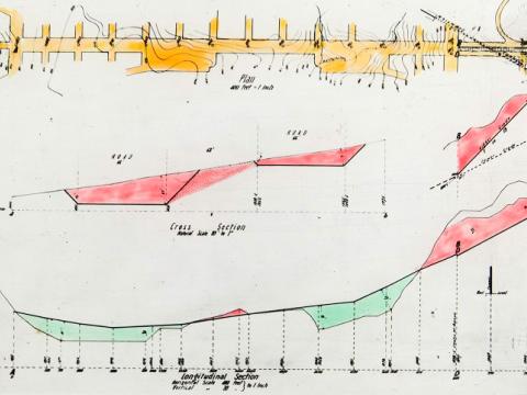 Glass slide showing a plan, two cross section drawings and a longitudinal section drawing of the road between Vernon, which Walter Burley Griffin also called the Civic Centre, and Market Centre, which is now the suburb of Russell. 