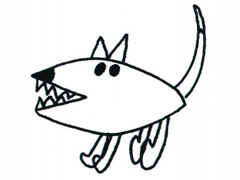 Black line drawing of two dogs facing each other on a white background