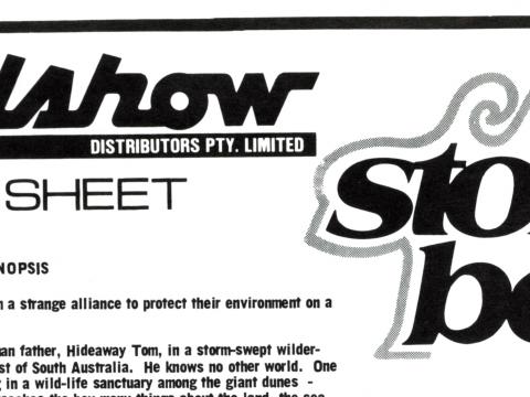 Roadshow distributor's press sheet featuring synopsis, advertisements, cast and information about the book