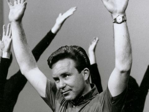 Johnny O'Keefe looking bored rehearsing with dancers on the set of 'Studio A'