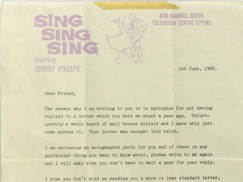 Letter sent by Johnny O’Keefe to 3000 ‘Sing Sing Sing’ club members, apologising for the tardiness of his reply