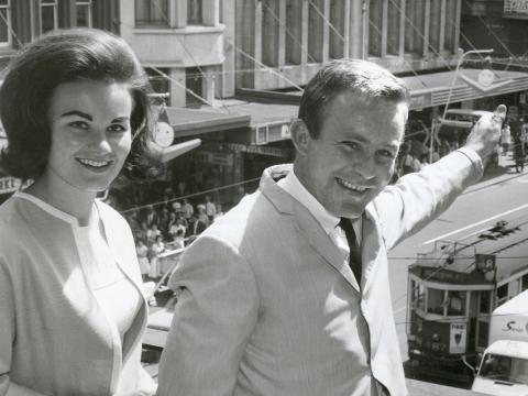 Johnny O'Keefe and first wife Marianne on the balcony of Melbourne Town Hall