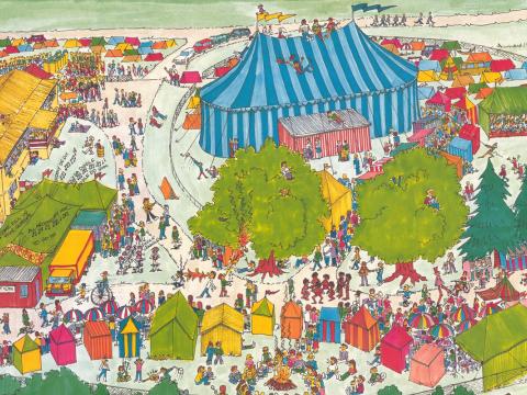 Cropped section of National Folk Festival poster from 1989 with an illustration of a large campsite with a big festival tent in the centre.