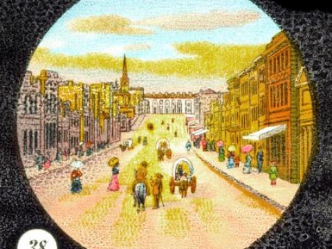 Glass slide depicting the view East along Collins Street, Melbourne circa 1895