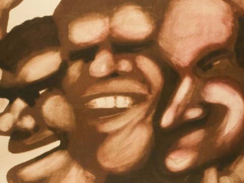 Detail of a stylised movie poster with a close-up of three men laughing
