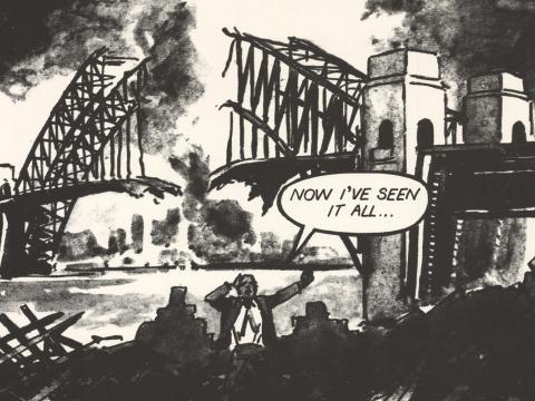 Cropped section of poster for Sydney Super 8 Film Festival showing a black and white cartoon drawing of the Sydney Harbour Bridge blown in half. A figure in the foreground has a beech bubble above it saying 'now I've seen it all'.