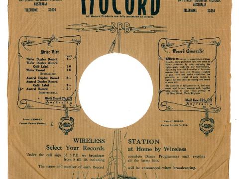 Paper record sleeve. Text reads: World Record (Aust) Pty Ltd, Brighton, Victoria. Includes guarantee text, and an option to 'select your records at home by wireless'. 