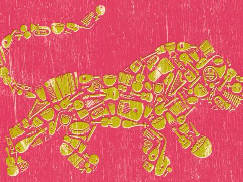 Cropped section of WOMADelaide festival poster showing a gold lion against a pink background.