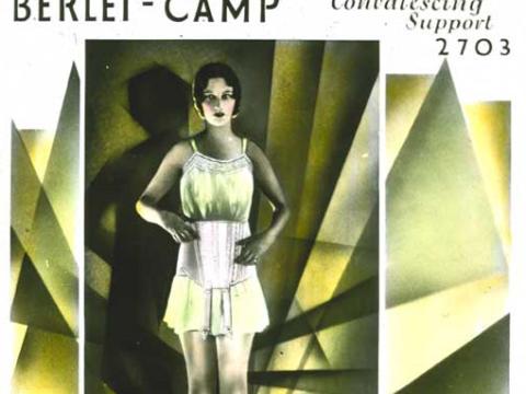 A glass slide illustration of the Berlei-Camp convalescing support 2703. A woman is wearing the garment. The glass slide is hand-coloured.