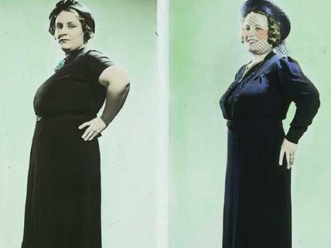 A side-by-side comparison of a woman dressed in two different dresses and hats. The slide is hand-coloured.