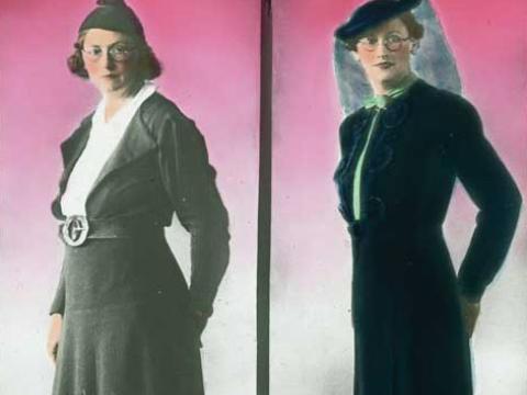 A side-by-side comparison of a woman dressed in two different dresses and hats. The slide is hand-coloured with a pink background.