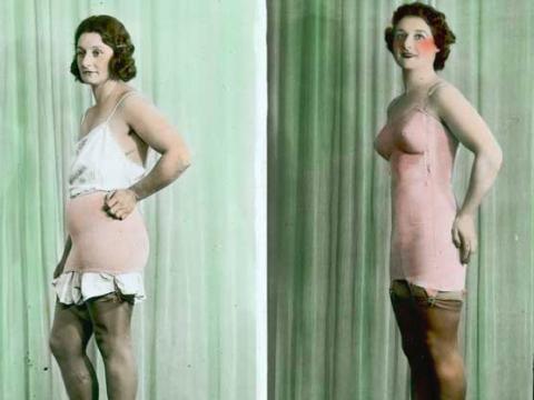 A side-by-side comparison of a woman dressed in two different types of underwear. The slide is hand-coloured with a pink background.