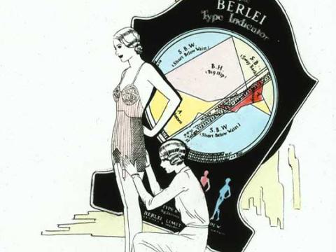 A hand-coloured glass slide image of a woman being fitted for a foundation garment with the image of Berlei type indicator in the background.