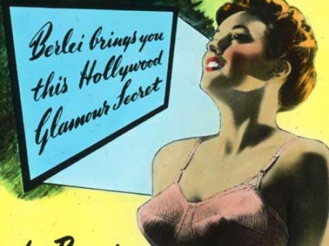 A woman is pictured in a bra with writing next to her saying 'Berlei brings you this Hollywood Glamour Secret'.