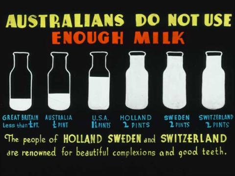 A hand-coloured illustration of milk bottles full to differing levels. The text reads: 'Australians do not use enough milk. The people of Holland, Sweden and Switzerland are renowned for beautiful complexions and good teeth'.