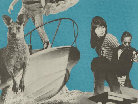 Film poster showing Skippy the Bush Kangaroo with a speedboat and a man pointing a gun.