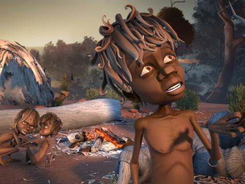 Animation still showing 3 young Aboriginal kids in the outback. One, in the foreground, is looking towards the sky and the other two in the background are crouched beside the embers from an open fire.