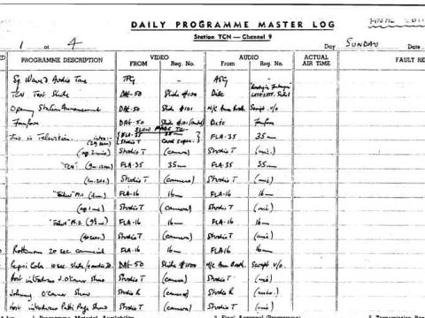 TCN9 Daily programme master log page 1 from 16 September 1956