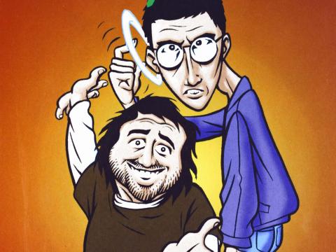 Detail of a cartoon rendition of comedians Mick Molloy and Tony Martin