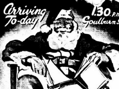 Graphic image of Santa seated. Text reads: Arriving today