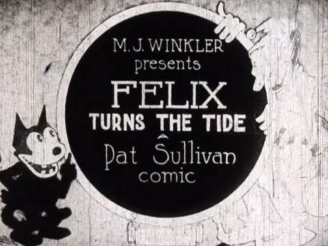 Title card from a silent film animation featuring the character Felix the Cat. It reads "MJ Winkler presents FELIX TURNS THE TIDE. A Pat Sullivan comic." An image of Felix is in the bottom left corner.