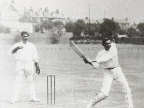 Black and white still of cricketers Ranji and C.B. Fry
