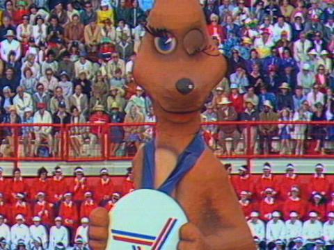 Matilda the giant kangaroo winks at the crowd during the opening ceremony of the 1982 Commonweatlh Games in Brisbane