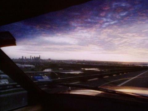 A city skyline at sunset