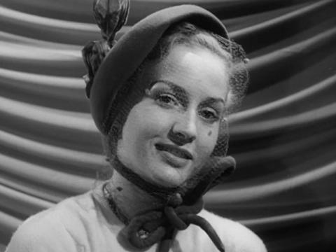A woman is wearing a hat and veil and smiling at the camera.
