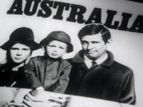 Poster of a couple and their child in front of the word 'Australia'.