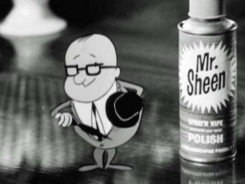 The cartoon character Mr Sheen next to a can of polish.