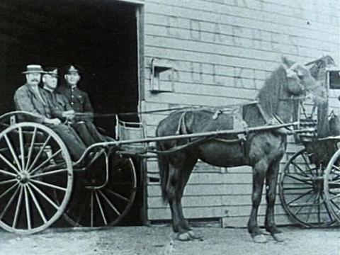 Three men sitting in a horse-drawn carriage