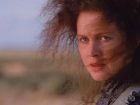 Judy Davis, hair blowing in the wind, looks intently at the camera in My Brilliant Career