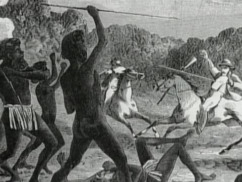 A painting depicting white men on horseback with guns and Aboriginal men holding up spears