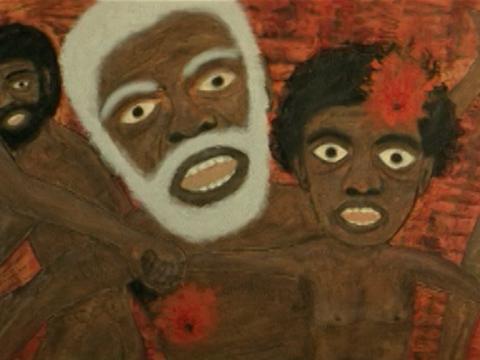 An Aboriginal painting of Aboriginal men looking scared