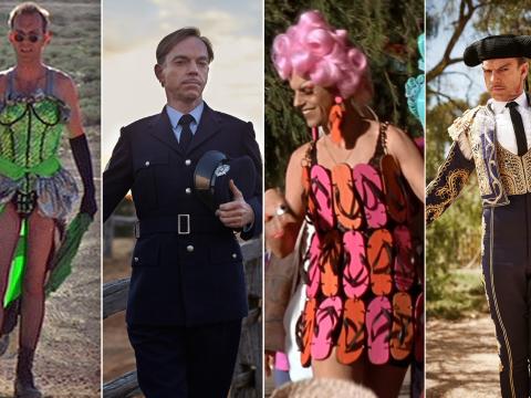 Four different images side by side of Hugo Weaving in different film costumes that he has worn for Priscilla Queen of the Desert and The Dressmaker.