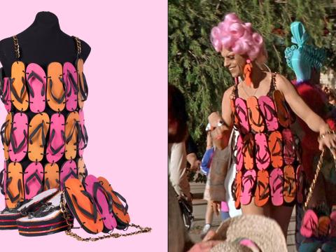 Side by side images. On the left a dress on a mannequin made out of pink and orange rubber thongs. On the right is a still from Priscilla Queen of the Desert showing Hugo Weaving wearing the dress with a pink wig in a crowded street.