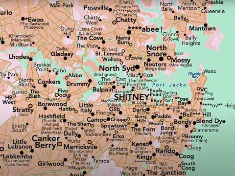 A map of the metropolitan Sydney suburbs with the place names replaced with Australian slang names.