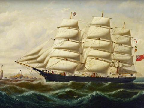 Painting of one of the First Fleet ships entering Sydney Harbour