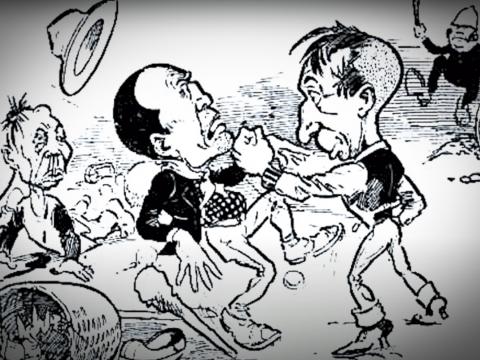 Cartoon drawing of two men having a fist fight while another looks on and a policeman runs towards them, from the late 1800s.