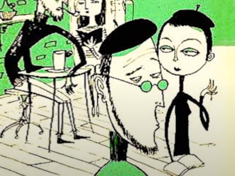 An exaggerated cartoon drawing of some beatniks wearing berets and black clothing. 