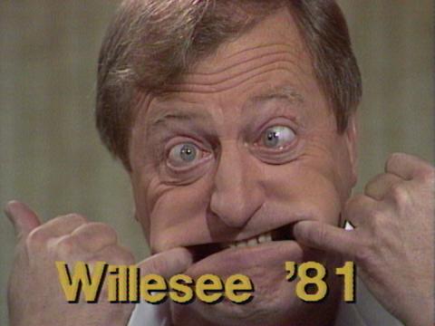Graham Kennedy with fingers pulling his mouth to the side and the words Willesee '81 across the screen