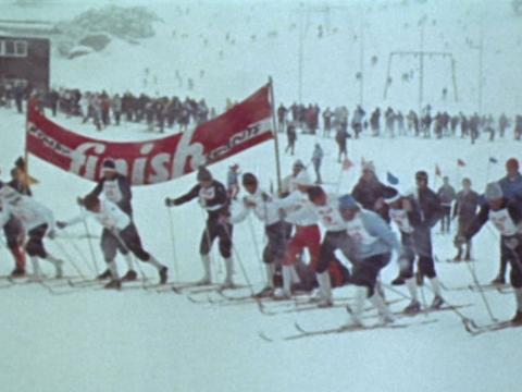 Skiiers at the start of a cross country race.