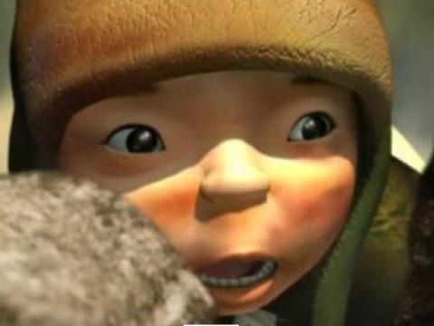 Close up of an animation of an Asian boy's face wearing a hat and looking startled.