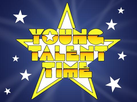 The logo of Young Talent Time. The text is yellow and written in 1980s block font with multiple stars in the background. 