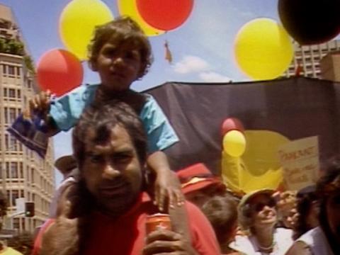 People marching in protest for Aboriginal rights during the bicentennial
