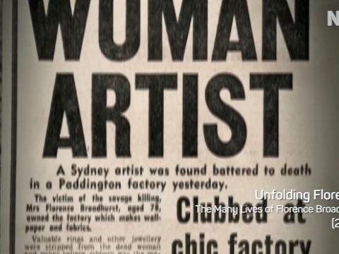 Newspaper headline about a 'Woman Artist Clubbed at Chic Factory". The woman was Florence Broadhurst who was murdered in 1977.